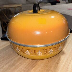 Vintage West Bend Aluminum Serving Oven Bun Warmer Yellow Gold Leaf Wheat3-Piece